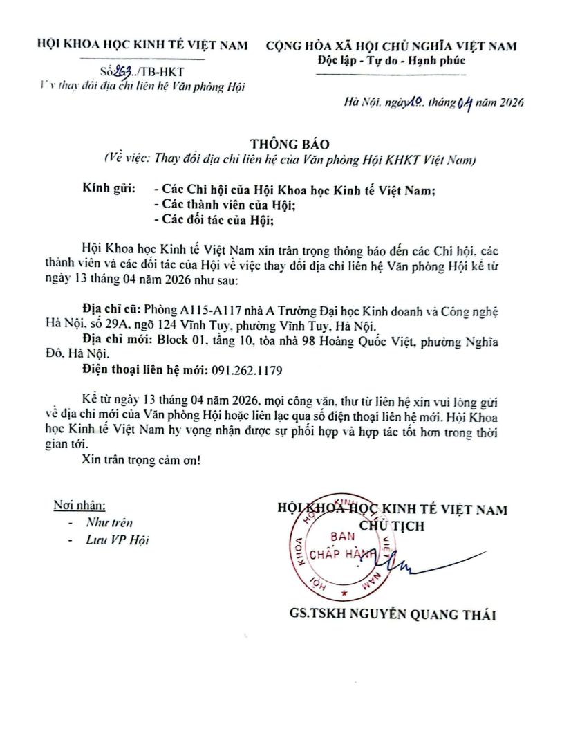 ANNOUNCEMENT: Change of contact address of the Vietnam Economic Association office